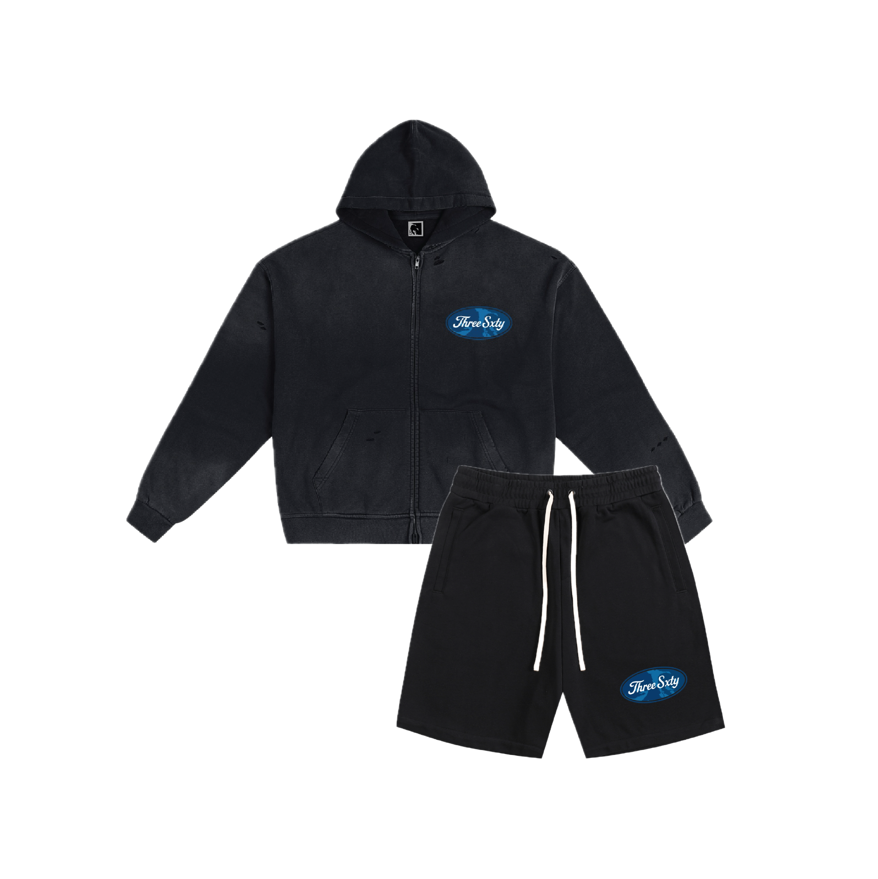 Black hand-frayed sunfaded hoodie set