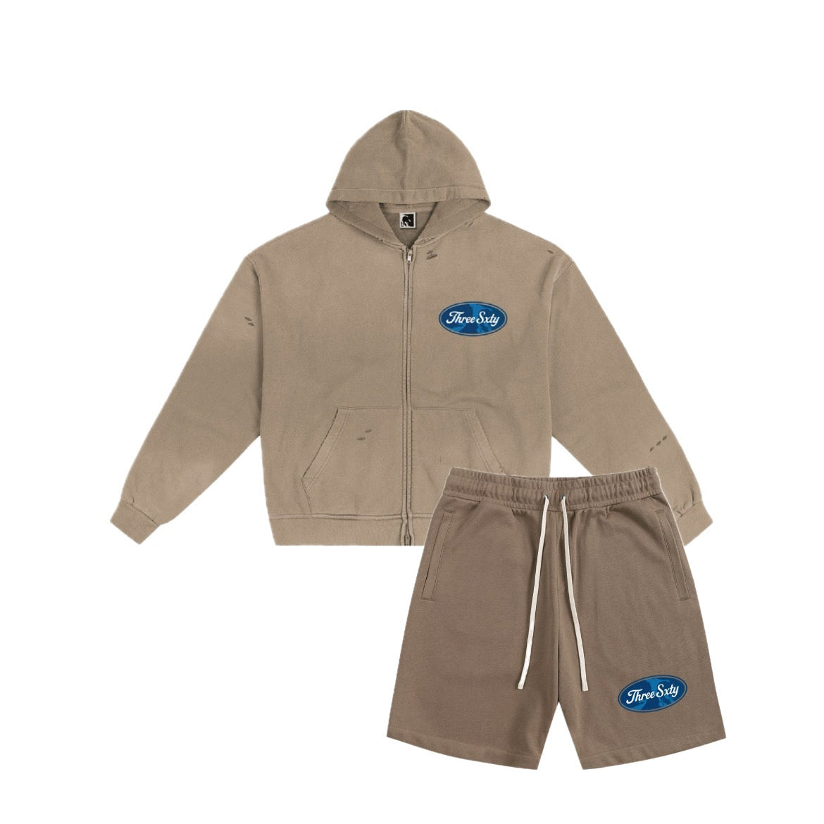 Sand Apricot hand-frayed sunfaded hoodie set